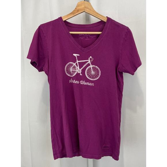 LIFE IS GOOD Short Sleeve V Neck Crusher Tee Shirt Spokes Woman Bike Purple S - Picture 1 of 10